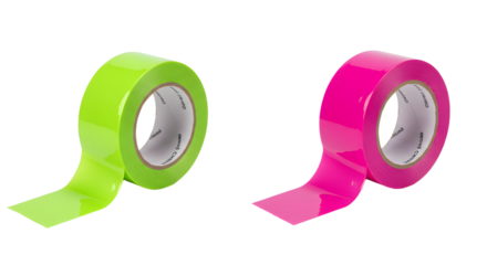 Bright neon green and pink adhesive tape rolls on white background, perfect for crafting and organizing projects