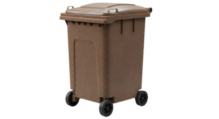Brown outdoor trash bin with wheels and a lid isolated on white background for waste management and garbage disposal
