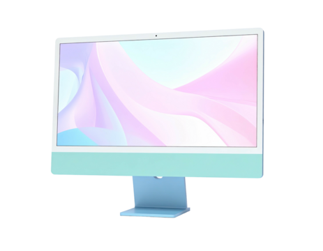Colorful all-in-one computer, pastel tones, vibrant screen against a black background