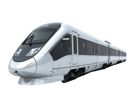 Sleek, modern high-speed train in white and gray against a black background