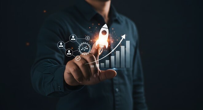 Business Growth Concept: Man Touching Rocket Launch and Graph