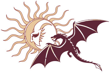 Dragon flying in front of a sun and moon symbol