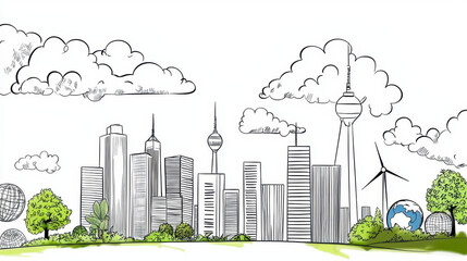 Obraz premium Vibrant city skyline illustration featuring skyscrapers, wind turbines, and lush greenery cloudy sky, symbolizing sustainability and urban life
