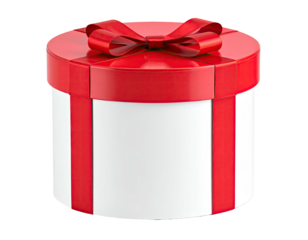 A round gift box with a red lid and ribbon, isolated against a dark background