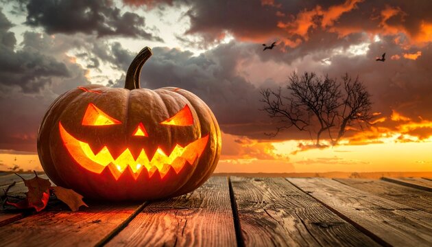 Glowing jack-o'-lantern on wooden surface with spooky castle, full moon, and bats in Halloween night scene.