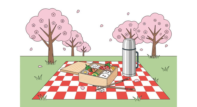 A colorful cartoon picnic setup outdoors.