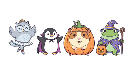 Whimsical Halloween Friends: A charming illustration of an owl, penguin, guinea pig, and frog dressed in adorable Halloween costumes.