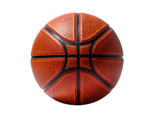 A detailed, full-face view of a standard textured orange basketball with black lines