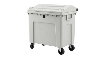 Gray commercial outdoor garbage dumpster on wheels isolated on white background, waste container perfect for sanitation and recycling