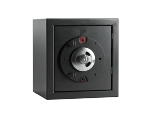 Dark, secure square metal box with a prominent round locking mechanism