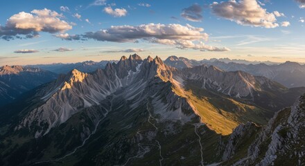 Obraz premium Majestic mountain range panorama with sunlit peaks under a partly cloudy blue sky landscape view