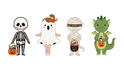 Spooky Costumed Friends: A group of charming and imaginative cartoon characters dressed in Halloween costumes, ready for trick-or-treating.