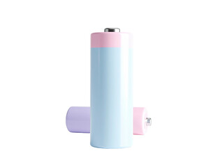 Pastel cylindrical batteries, one standing, two on the ground, on a black background