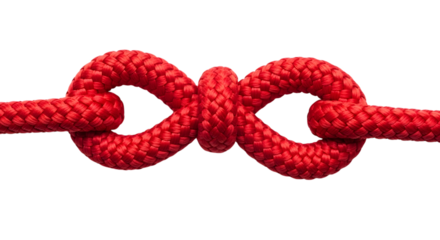 A red rope tied in a double figure eight knot, isolated on a transparent background