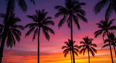 Obraz premium Silhouette palm trees against vibrant sunset sky with rich color gradients