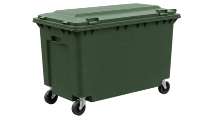 Large green commercial waste dumpster on wheels isolated on white background, perfect for industrial and commercial waste management