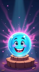 Cartoon crystal ball mascot with wide grin and shiny eyes