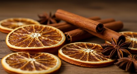 Dried Orange Slices, Cinnamon Sticks, and Star Anise on Wooden Surface