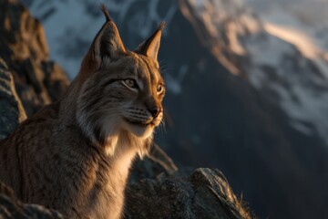 Fototapeta premium Lynx Climbing Rocky Ledge with Mountain Background