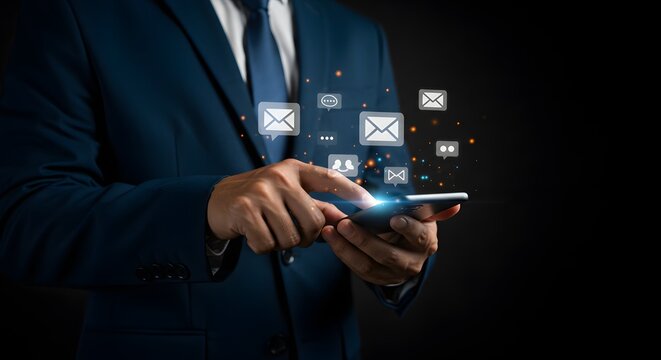 Business Man Using Smartphone for Email and Social Media Communication