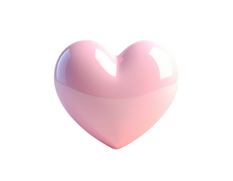 A glossy, pink heart rendered with highlights, set against a stark black background