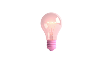 Pink, lit lightbulb on black background. The bulb has a visible filament