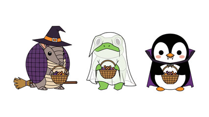 Halloween Costume Celebration: Three enchanting animal friends celebrate the spooky season. An armadillo in a witch's hat, a frog in a ghost costume and a penguin in a vampire cape.