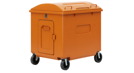 Orange industrial rolling metal storage bin with lockable door on white background, ideal for warehouse organization