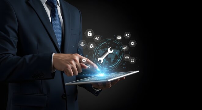 Business man using tablet with global support service icons - Powered by Adobe