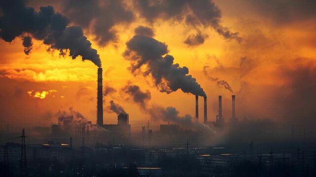 Sunset backlights a row of chimneys as dense smoke billows into the sky, silhouettes of heavy industry etched across the horizon; evocative clip highlighting pollution