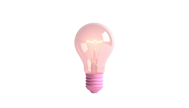 Pink, lit lightbulb on black background. The bulb has a visible filament