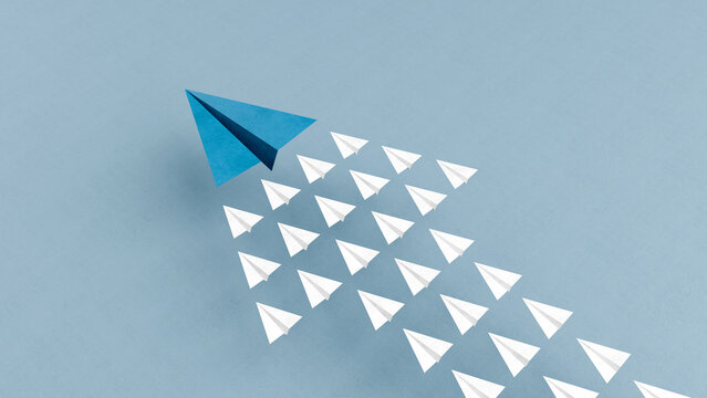 Paper planes flying in arrow up formation, business growth and success strategy, 3d render