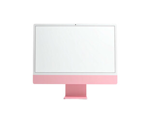 Modern desktop computer, rose-colored base and screen, on a plain black background