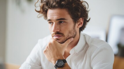 A young man with curly hair and a beard is deep in thought while seated at a desk in a modern office. He wears a white shirt and a stylish watch, creating a relaxed atmosphere.