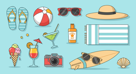 Summer Beach Vacation Essentials Flat Design Illustration Set. Travel, Holiday, Sun & Fun Accessories Collection