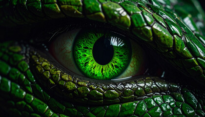 Fototapeta premium Emerald Gaze: Intense Green Reptilian Eye with Scaled Skin Texture
