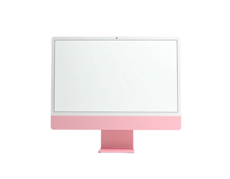 Modern desktop computer, rose-colored base and screen, on a plain black background