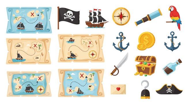 Cartoon Pirate Adventure Icons and Treasure Maps Set