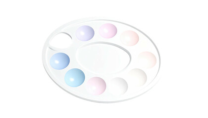 White plastic paint palette filled with pastel colored paints on a black background