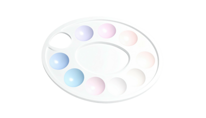 White plastic paint palette filled with pastel colored paints on a black background