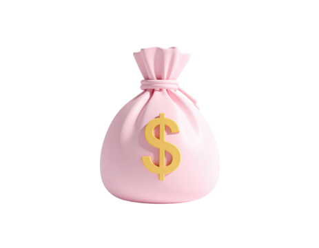 Pink tied pouch with golden dollar sign. Rendered on black background
