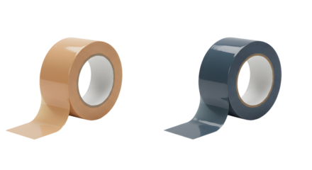 Two rolls of adhesive packing tape in brown and gray colors on white background, perfect for shipping and packaging