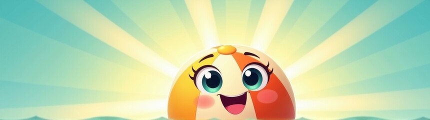 Cartoon of a happy beach ball with a face on a sunny day