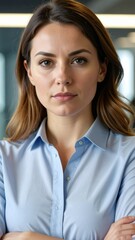 Young businesswoman professional manager wearing suit considering financial risks looking at camera standing at office.