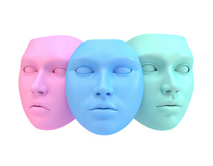 Three featureless, pastel-colored human face masks, with a black background