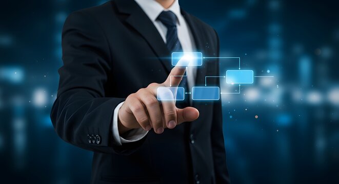 Business Process Automation: Man Touching Flowchart Interface