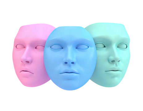 Three featureless, pastel-colored human face masks, with a black background