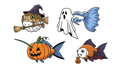 Halloween Fantasy Fish: A whimsical display featuring creatively adorned fish in a festive Halloween theme, including a fish in witch costume, ghost, jack-o'-lantern and goldfish carrying a candy bag.
