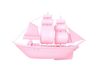 A three-masted, pink sailing ship floats in a black space