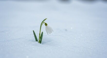 Single snowdrop flower blooming in fresh white snow with green stem